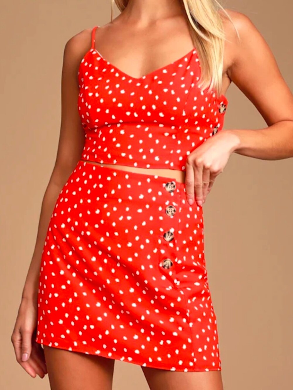 Lulus Kalista Red Polka Dot Side-Button Skirt & Cropped Tank Top 2 Piece Set SML